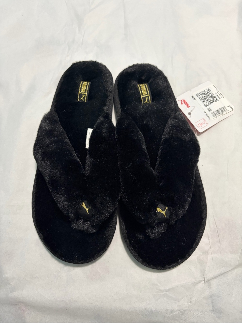 Puma Black Plush Flip Flop Slippers with Gold Logo